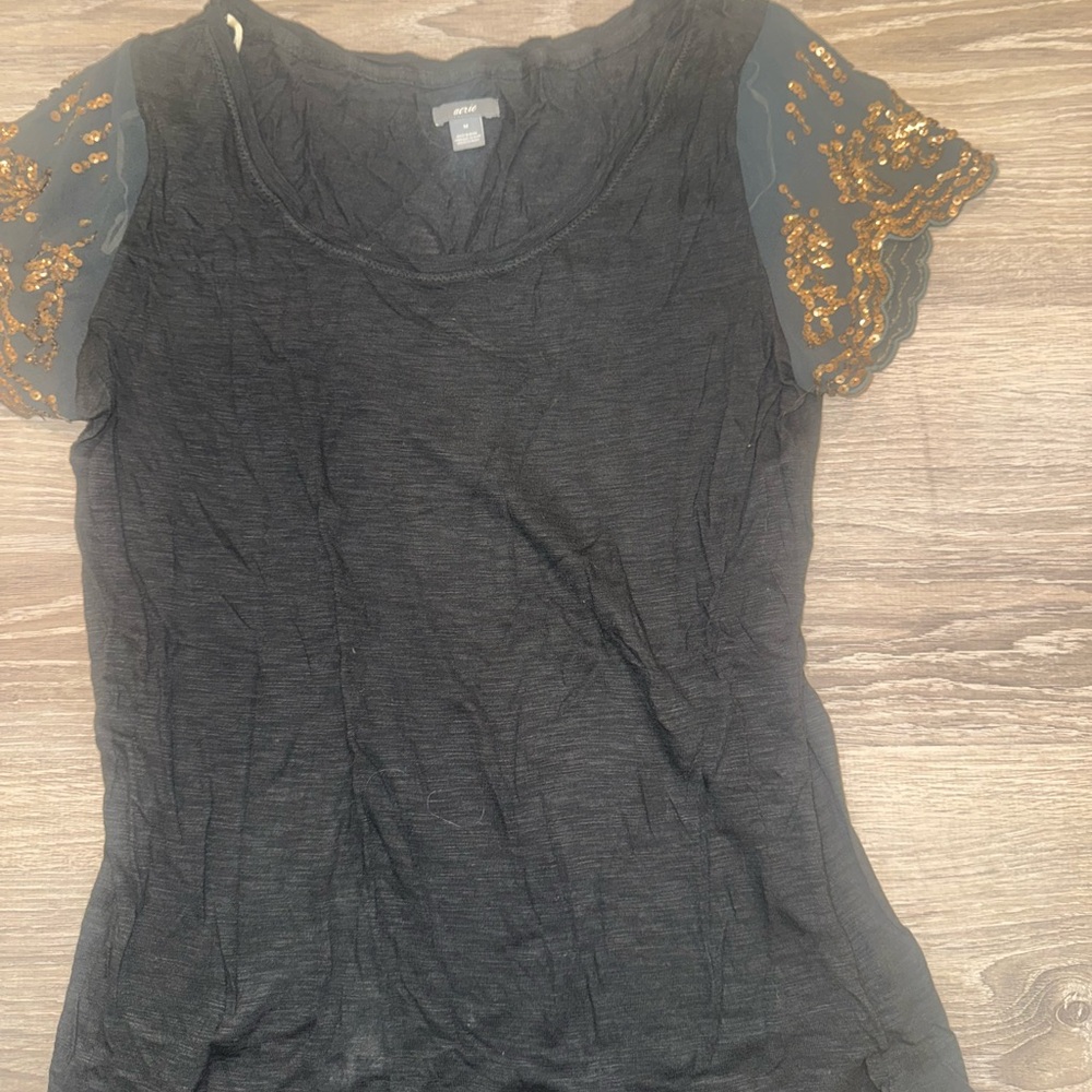 Aerie Black Tee with Gold Sequin Sleeves